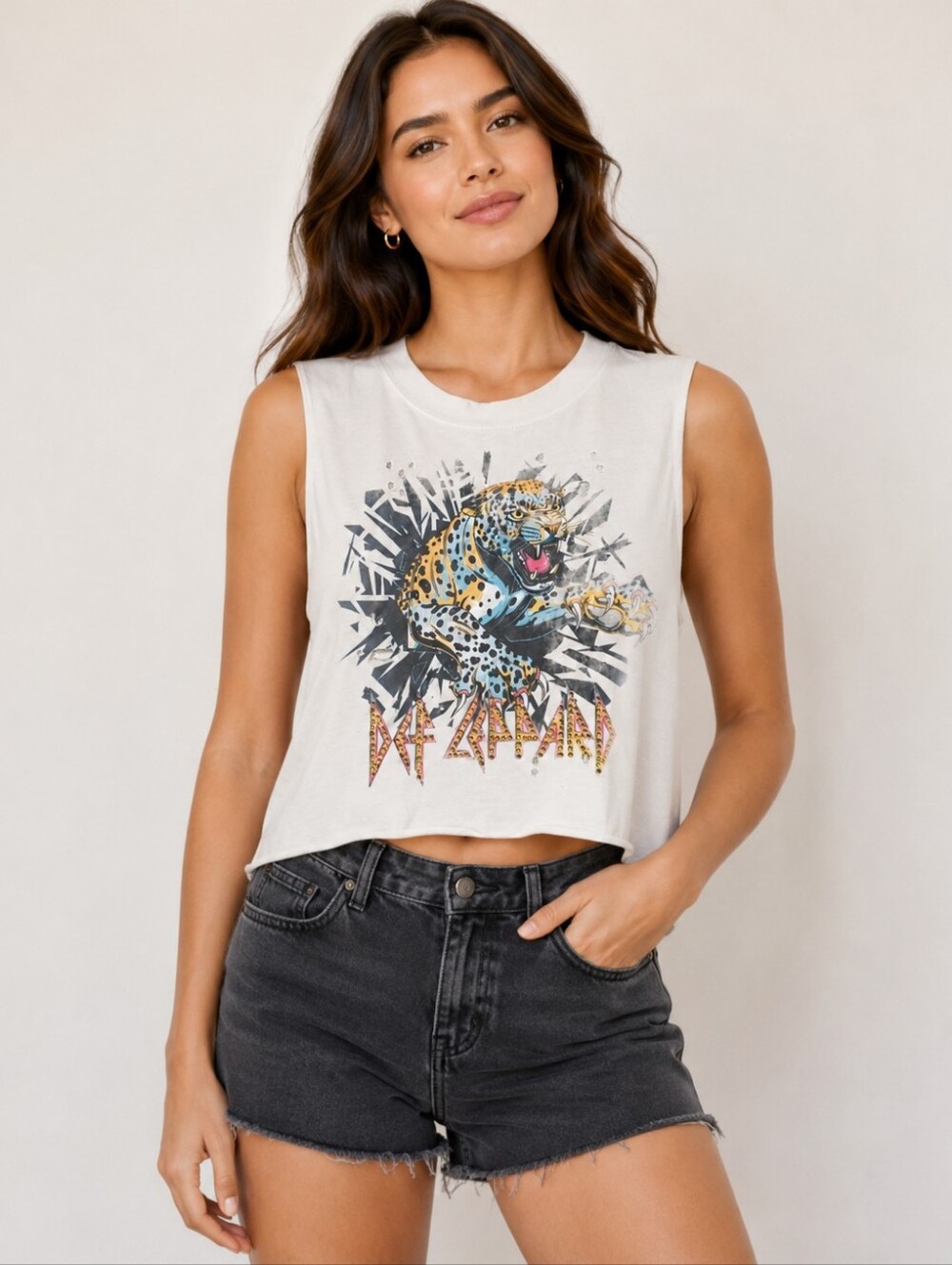 Def Leppard Crop Muscle Tank Top Leopard Graphic White Distressed Rock Band Tee